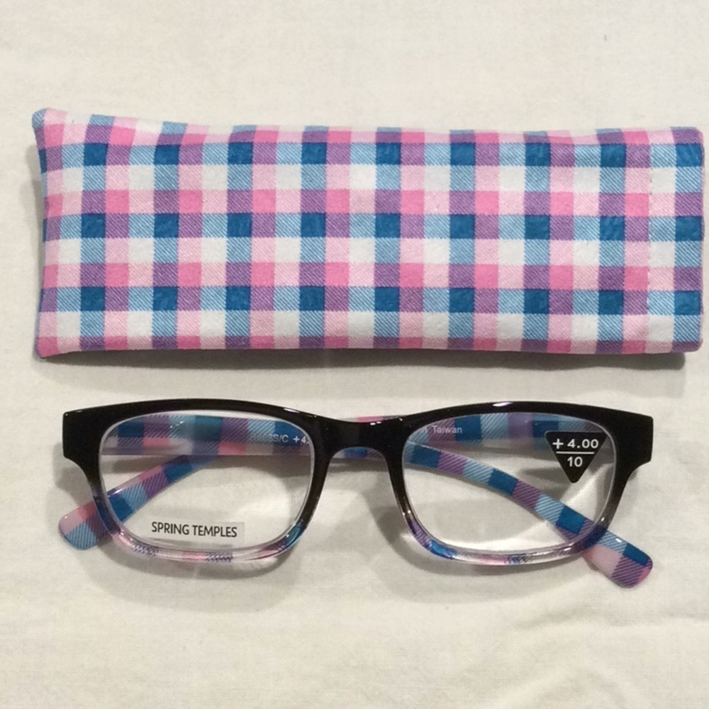 Pink & Blue Gingham Reading Glasses & MatchingCase